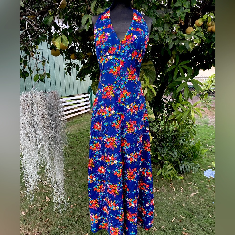 Vintage 1970 barkcloth halter ditsy floral maxi
